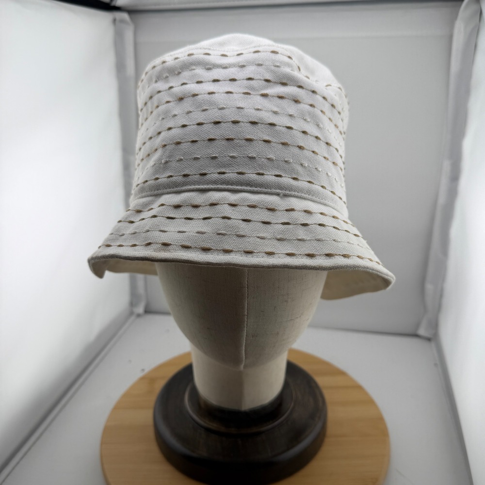 Charter Club Packable Bucket Hat Cream Cotton Canvas Tan Stitching Sun Hat NEW